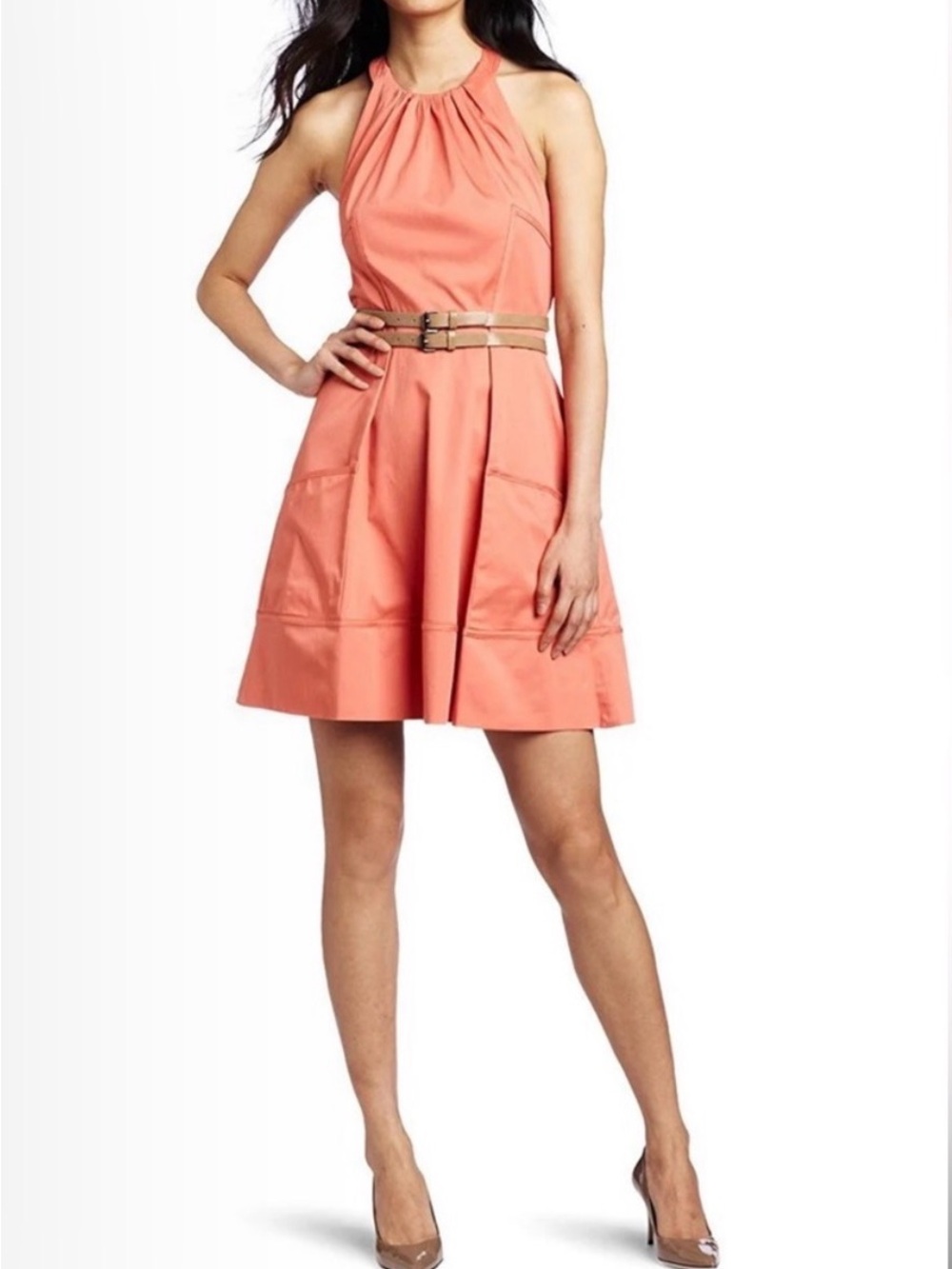 Jessica Simpson Coral Halter Mini Dress with Tan Belt